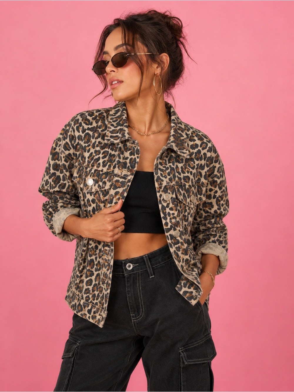 Nine West Leopard Print Denim Jacket in Tan and Black
